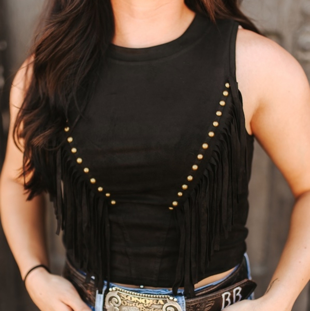 NWT Black Suede Front V Fringe Stud Top